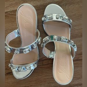 JCREW LUCIE JEWELED SANDALS IN ITALIAN METALLIC LEATHER